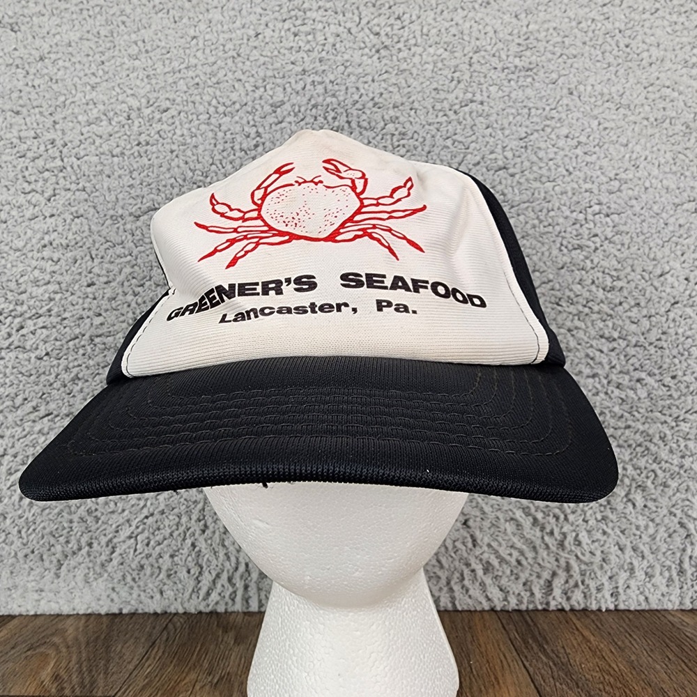 Vintage Greener's Seafood Lancaster Pa Crab Trucker Hat Black White Snapback Cap
